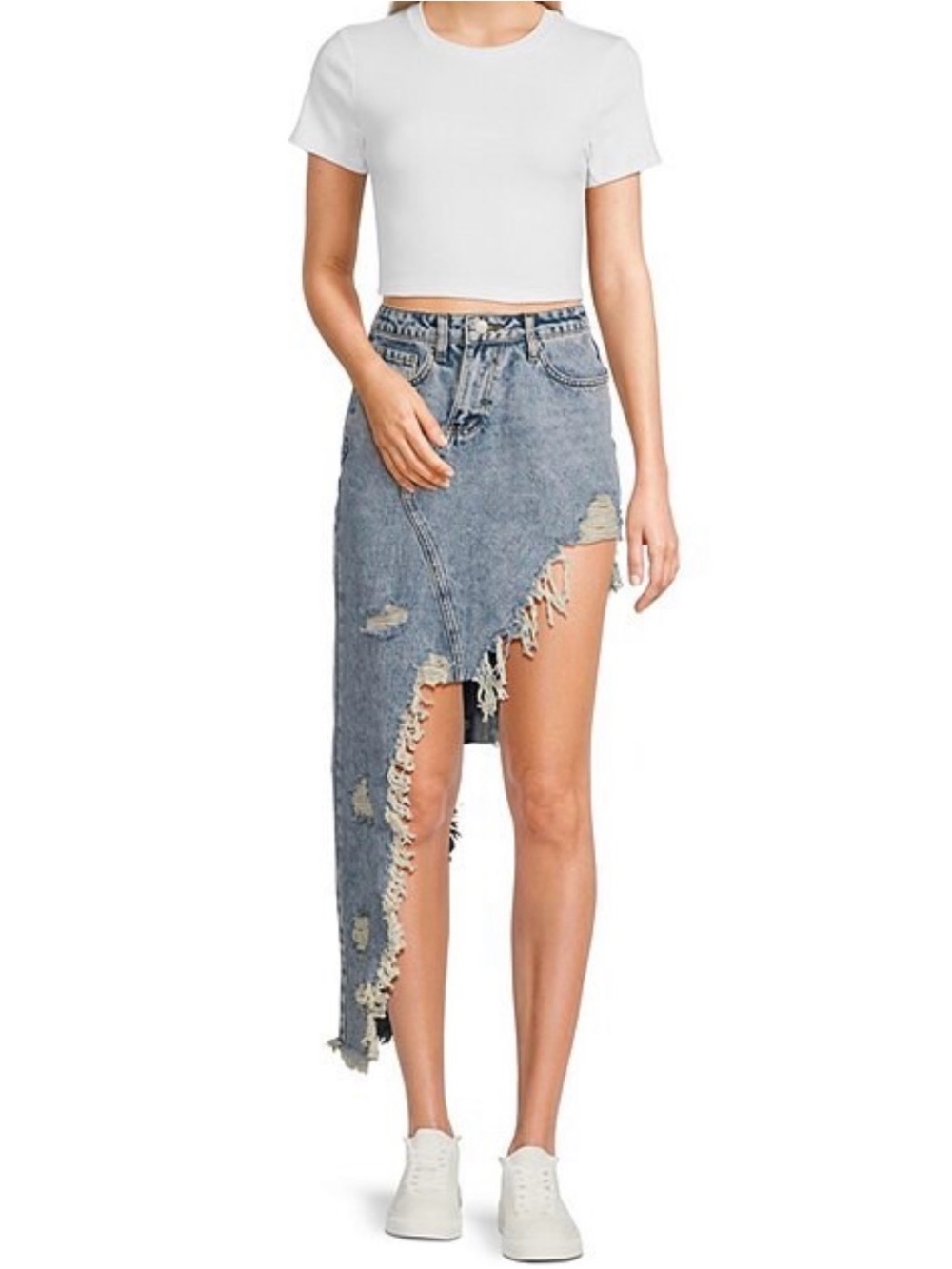 Signature8 high low fringed Distressed Denim Skirt